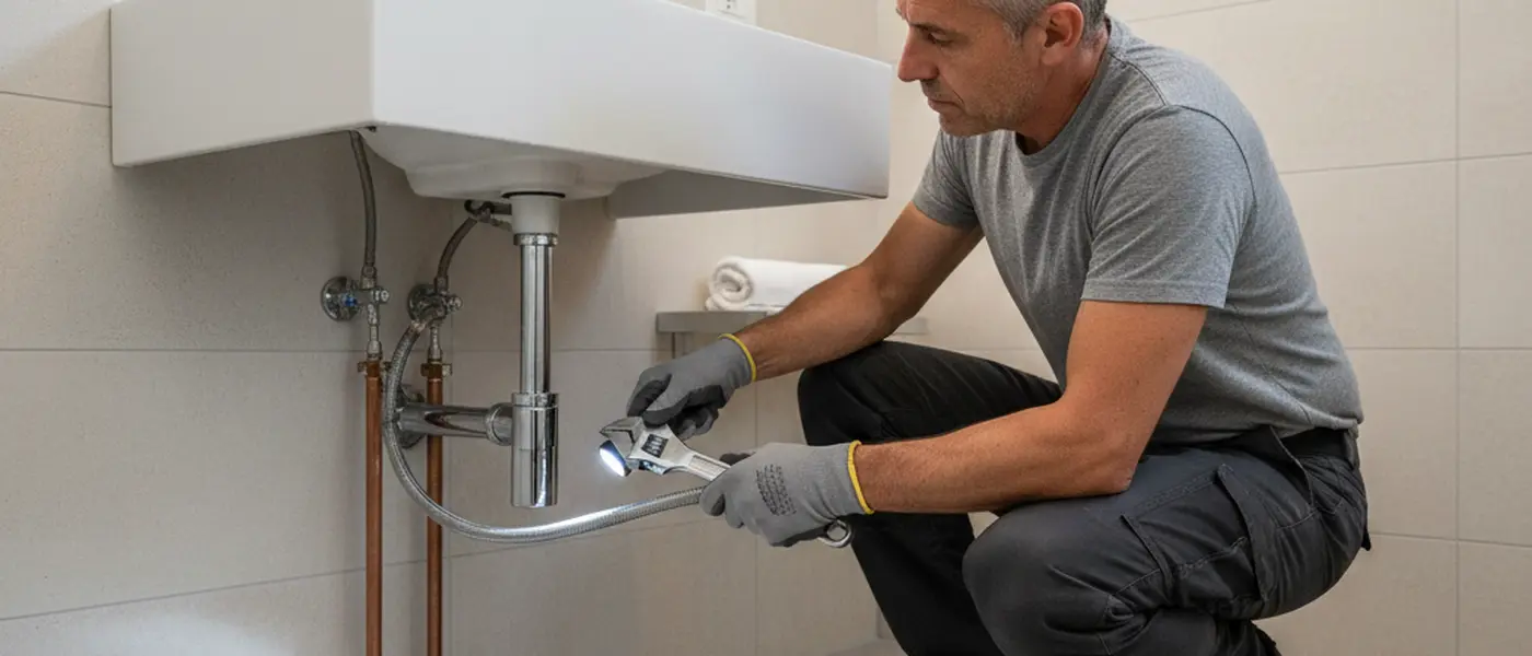 Proprietario italiano che ispeziona i tubi sotto un lavabo con torcia e chiave inglese per manutenzione preventiva