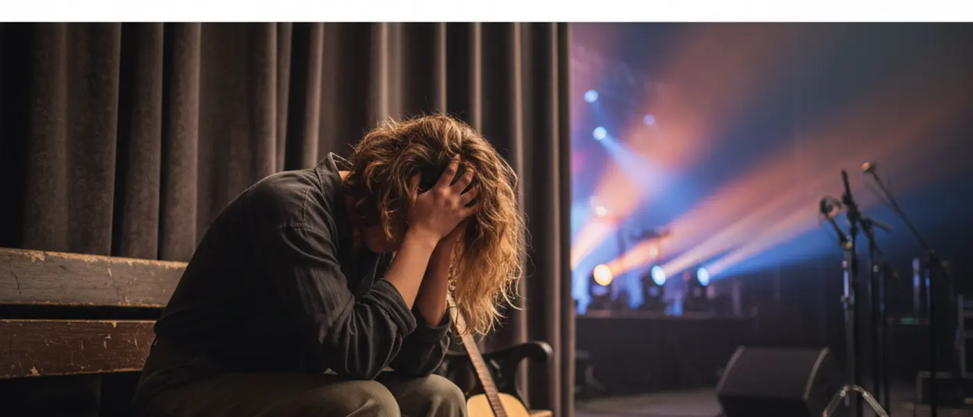 Junge Musikerin erschöpft hinter der Bühne, Bühnenlicht im Hintergrund