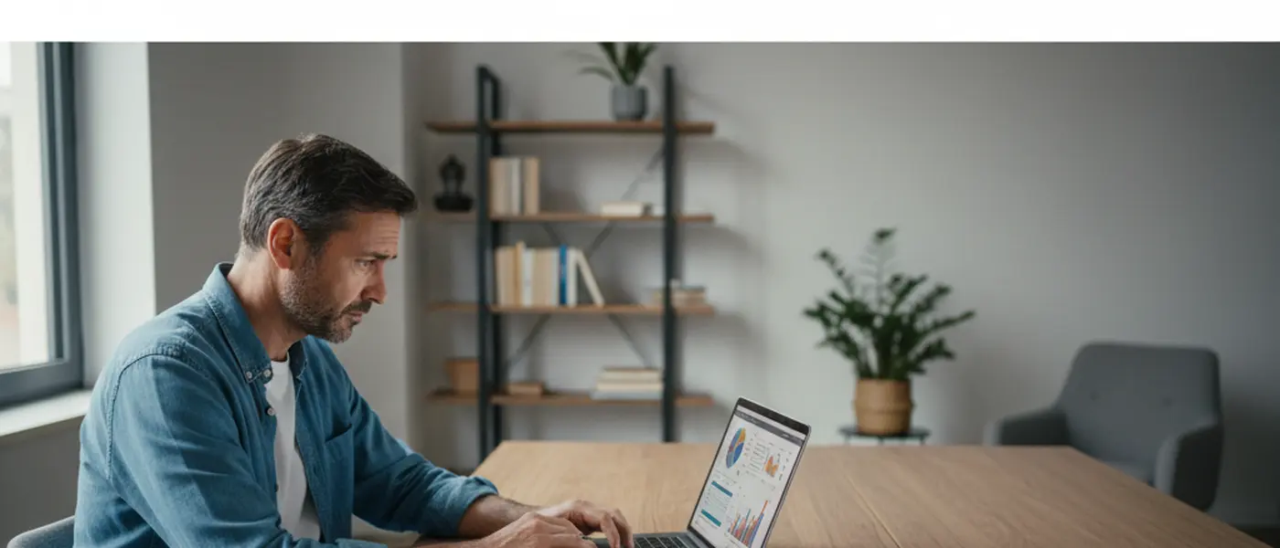 Uomo italiano preoccupato che guarda grafici finanziari su laptop con notebook di calcoli vicino