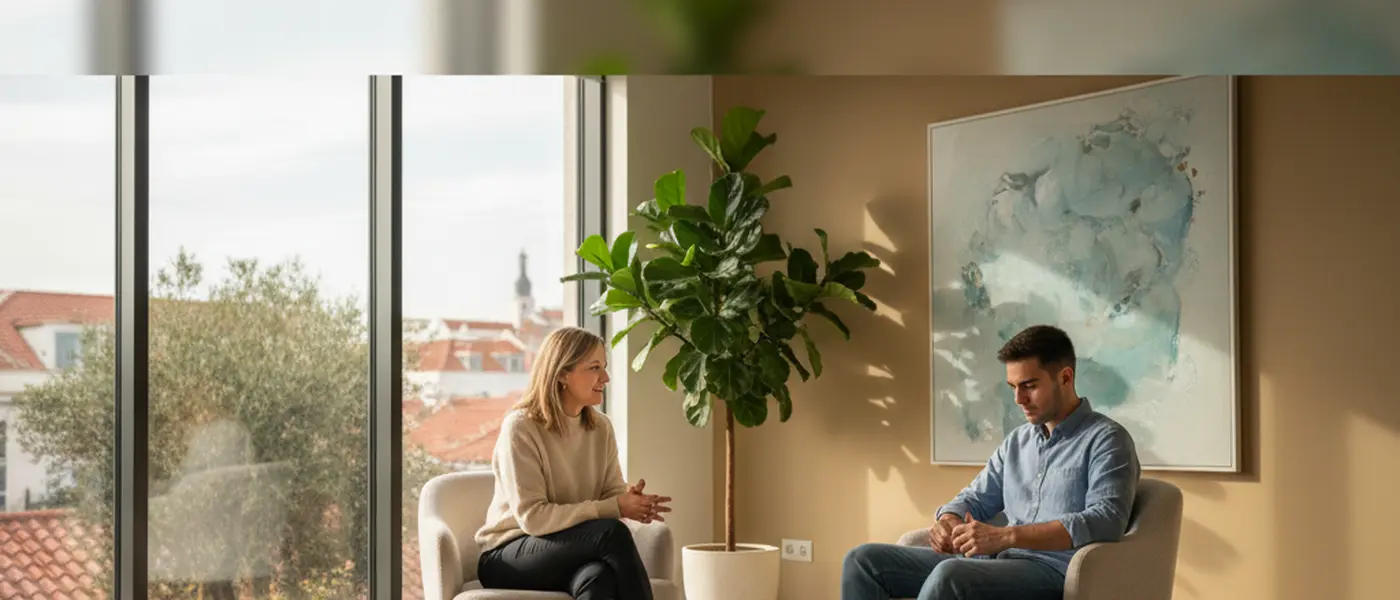 Psicólogo português em consulta com jovem adulto num gabinete terapêutico moderno e acolhedor