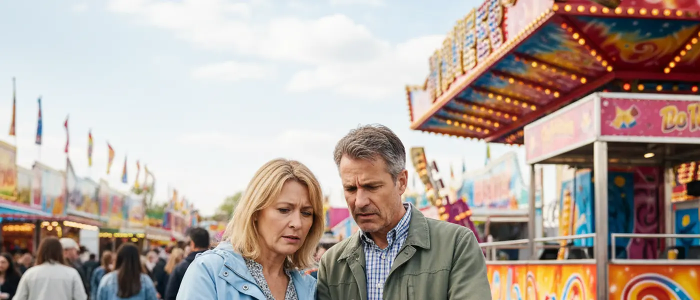 Paar auf dem Hamburger Dom schaut auf ein Fahrticket mit besorgtem Gesichtsausdruck