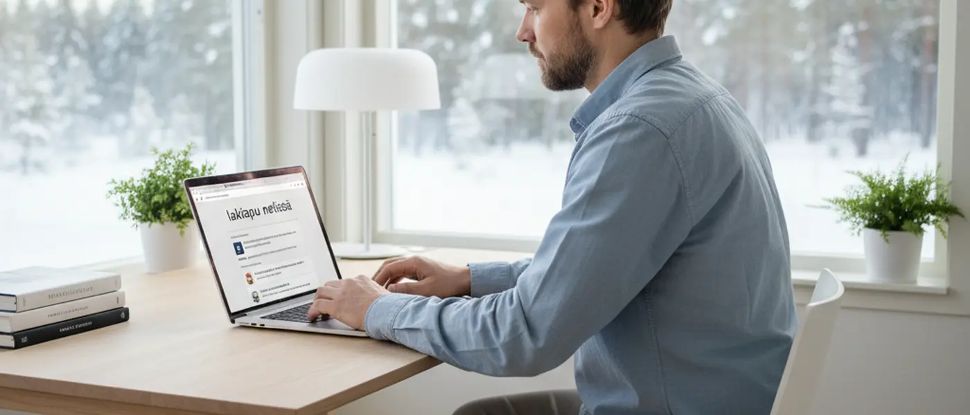 Suomalainen mies etsii asianajajaa kannettavalla tietokoneella valoisassa kotitoimistossa