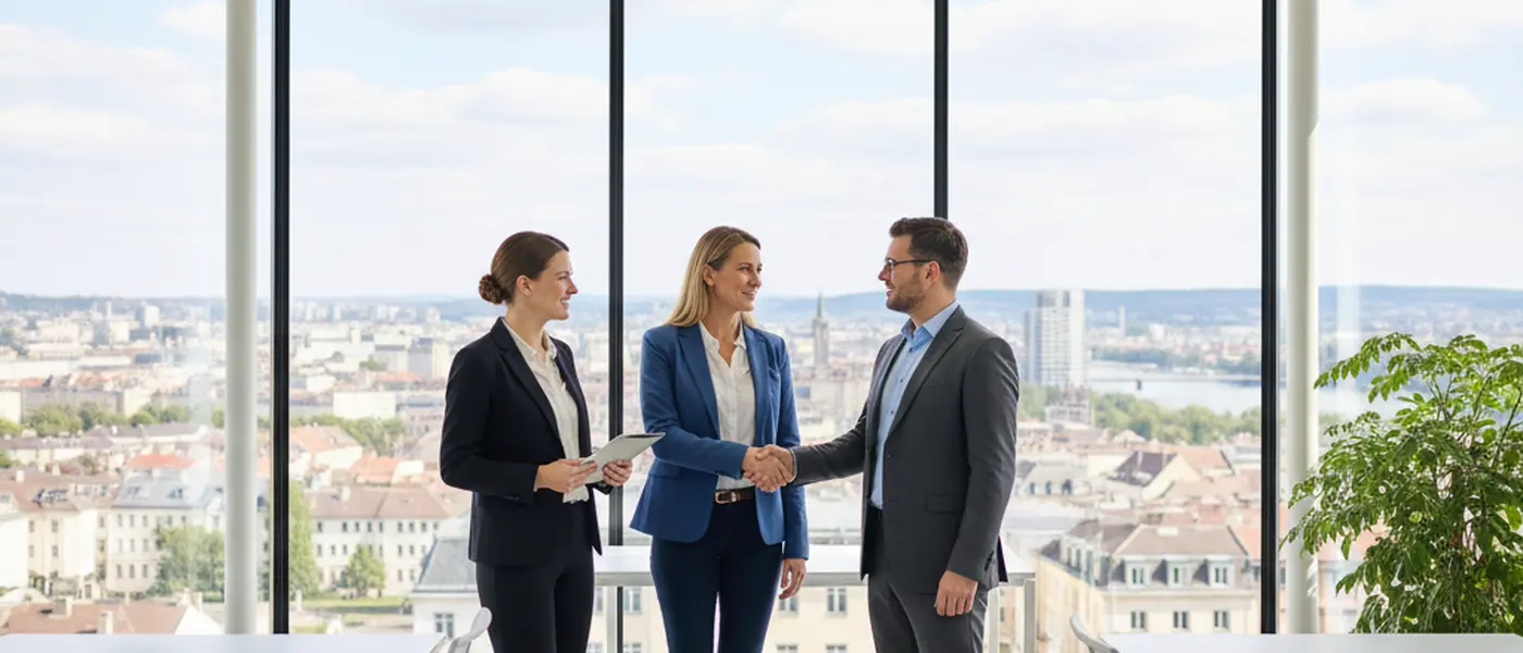 Suomalainen asianajaja keskustelee asiakkaan kanssa modernissa Helsingin lakitoimistossa