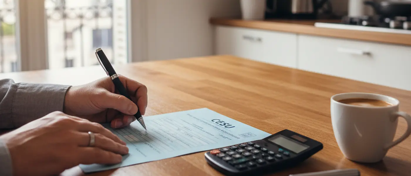 Parent remplissant un formulaire CESU à une table de cuisine, avec un calculateur et un stylo
