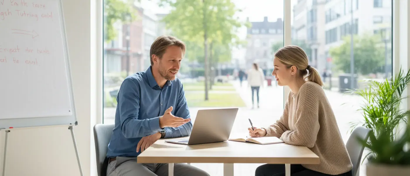 Junge Schülerin lernt Englisch mit Lehrbuch und Laptop an einem Schreibtisch in einem hellen modernen Zimmer