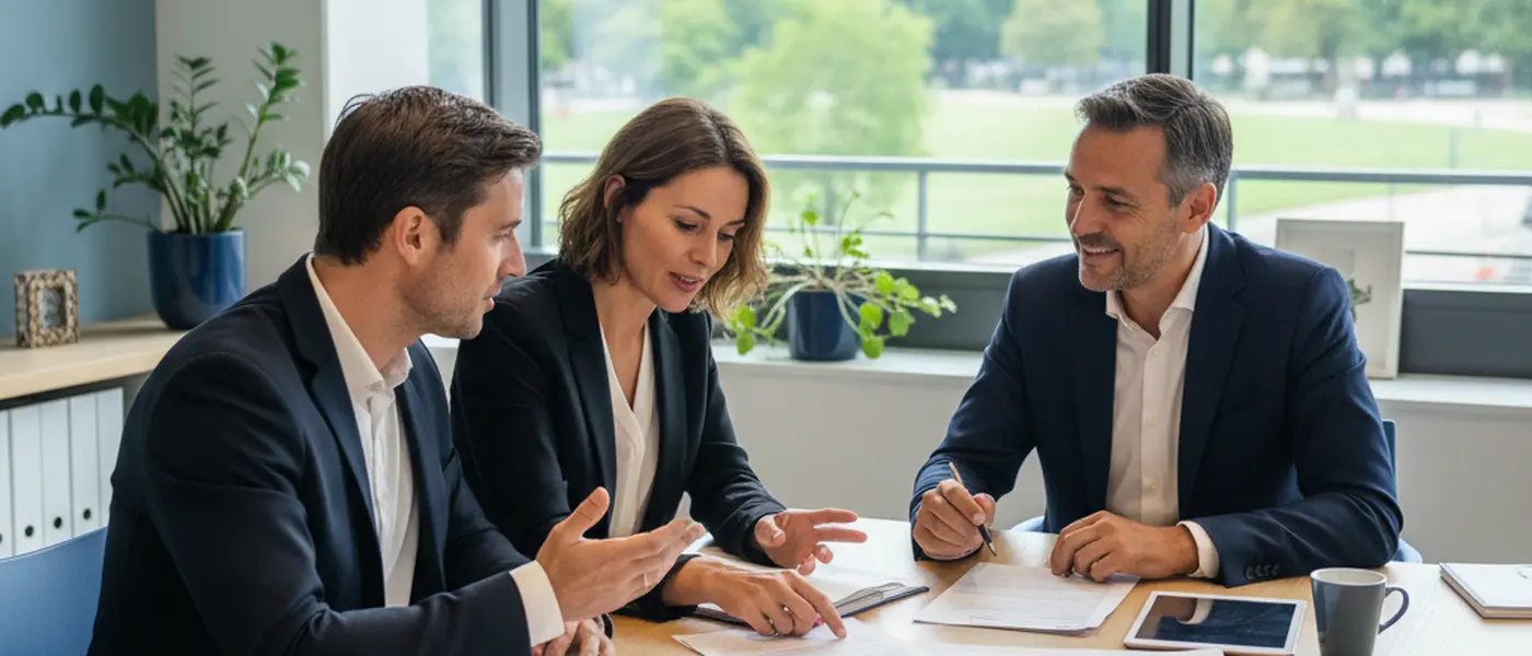 Couple discutant de la gestion locative avec un conseiller dans un bureau moderne