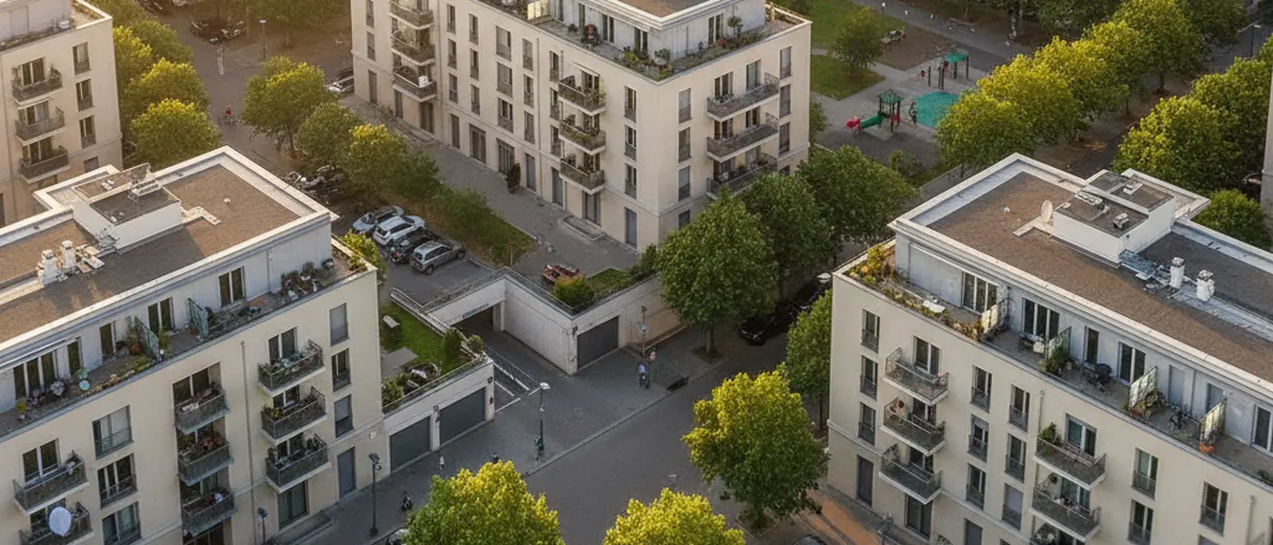 Vue aérienne d'un quartier résidentiel français avec immeubles et rues bordées d'arbres