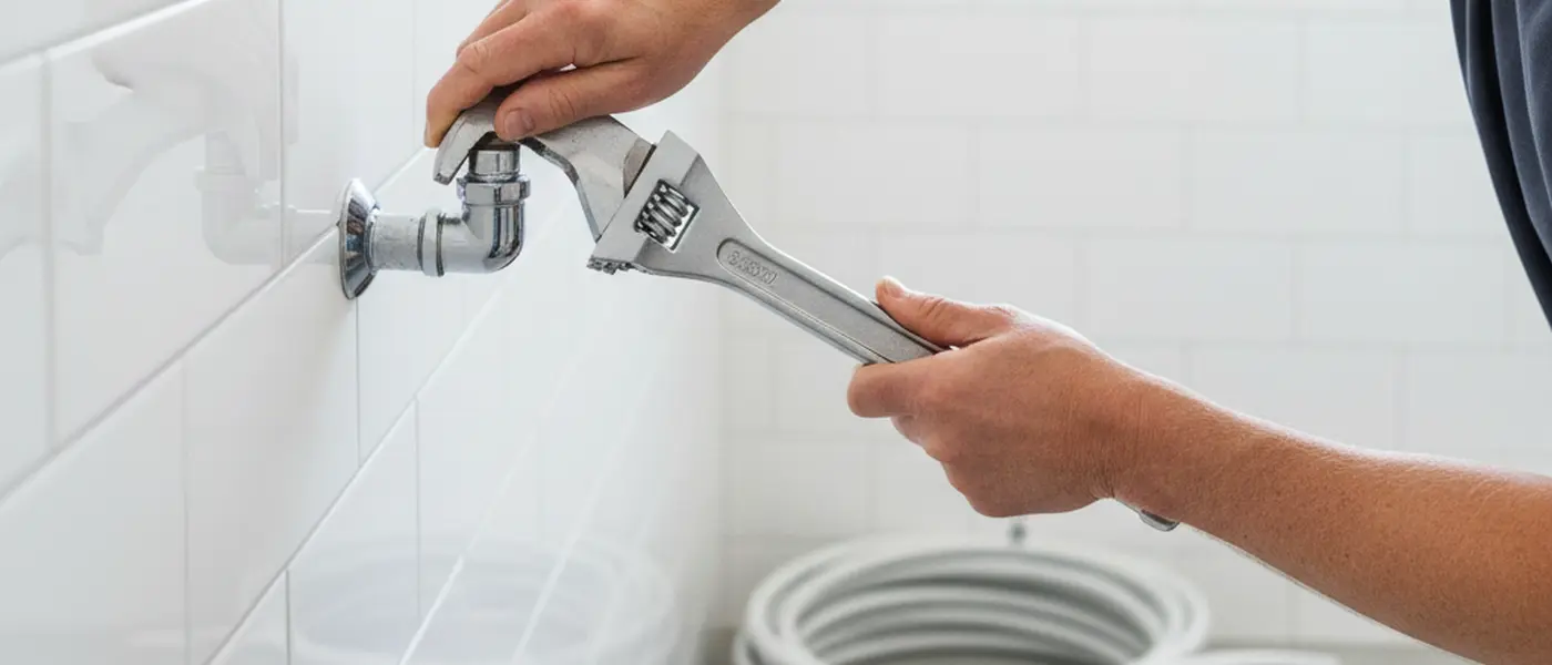 Putkimies tarkistaa kromiputken liitosta jakoavaimella suomalaisessa kylpyhuoneremontissa