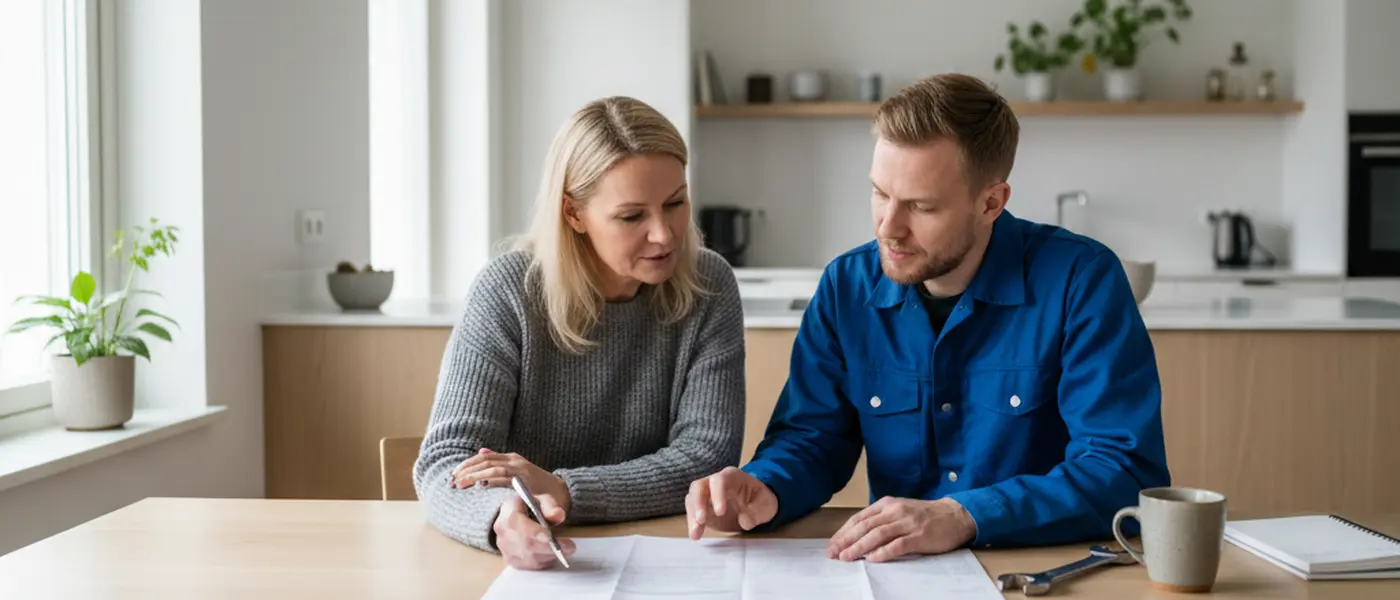Asunnonomistaja ja LVI-asentaja tarkastelevat tarjousasiakirjaa keittiön pöydän ääressä pohjoismaisessa sisustuksessa