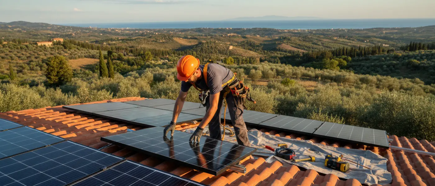 Elettricista italiano che installa pannelli fotovoltaici su un tetto in stile mediterraneo