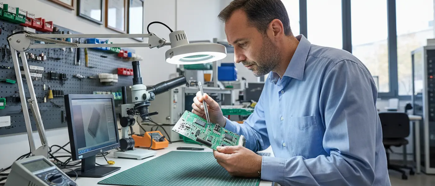 Tecnico elettronico che esamina una scheda madre in un laboratorio di riparazione