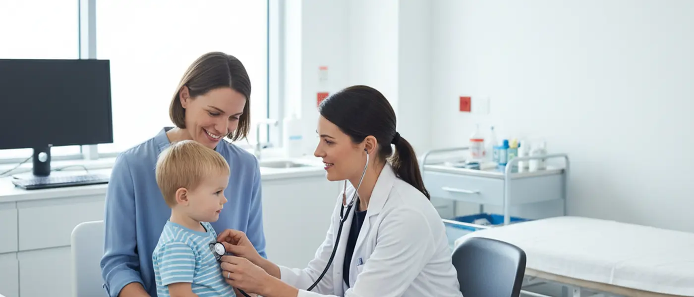 Mother and toddler in a bright UK paediatric clinic waiting room with colourful artwork