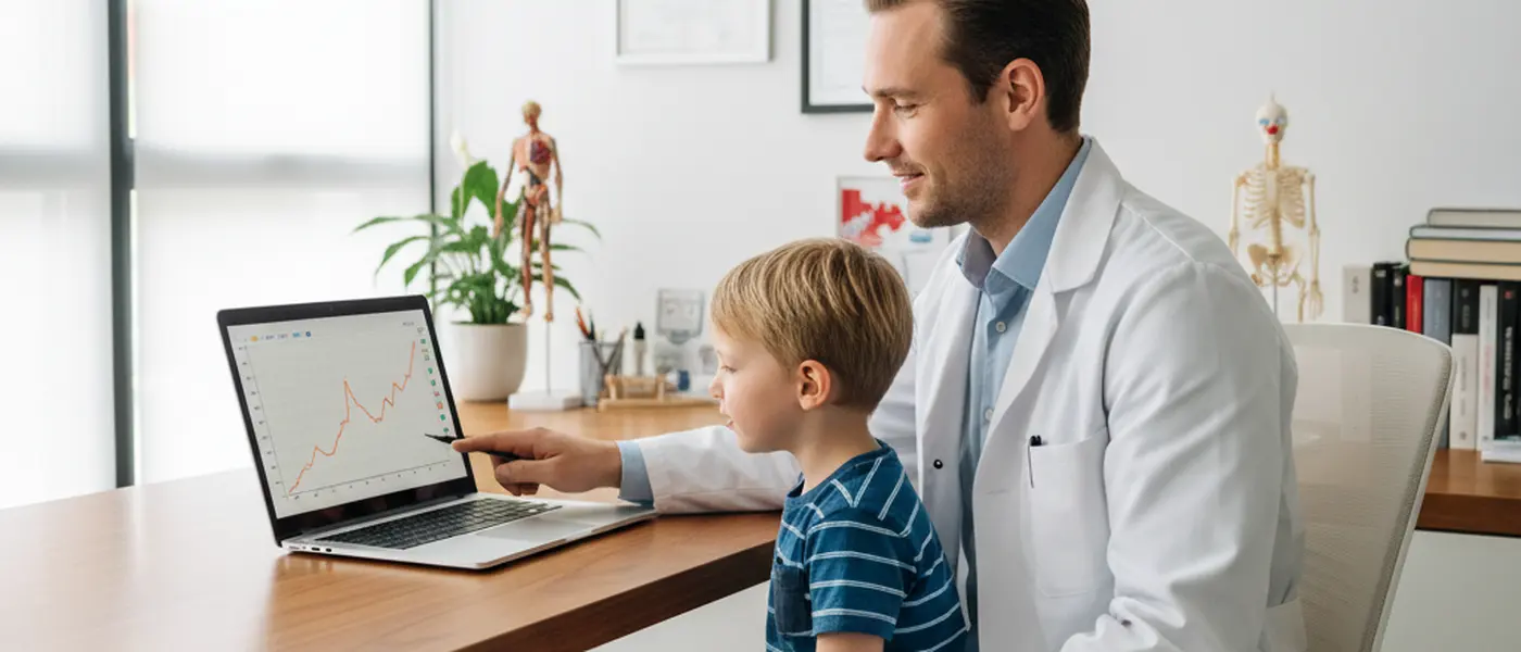 Paediatrician reviewing a child's growth chart on a laptop in a consultation room
