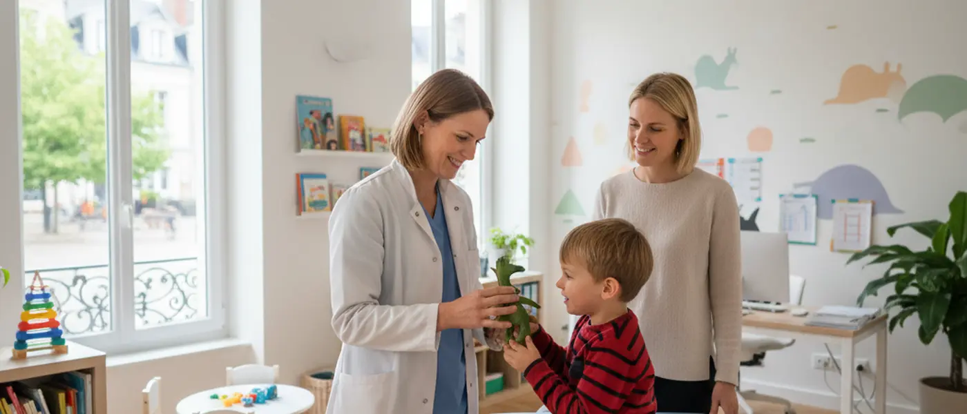 Mother holding toddler in a bright modern paediatric clinic waiting room in the UK