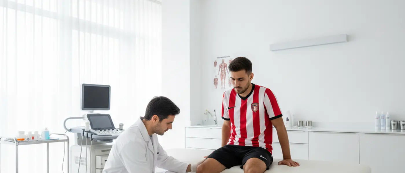 Médico de medicina desportiva portuguesa a examinar a perna de um jogador de futebol