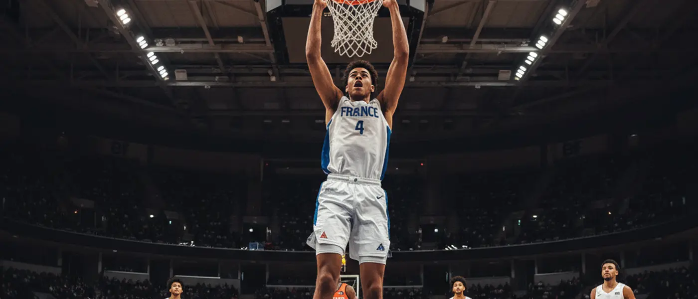 Jeune basketteur français en plein match NBA, en plein élan athlétique