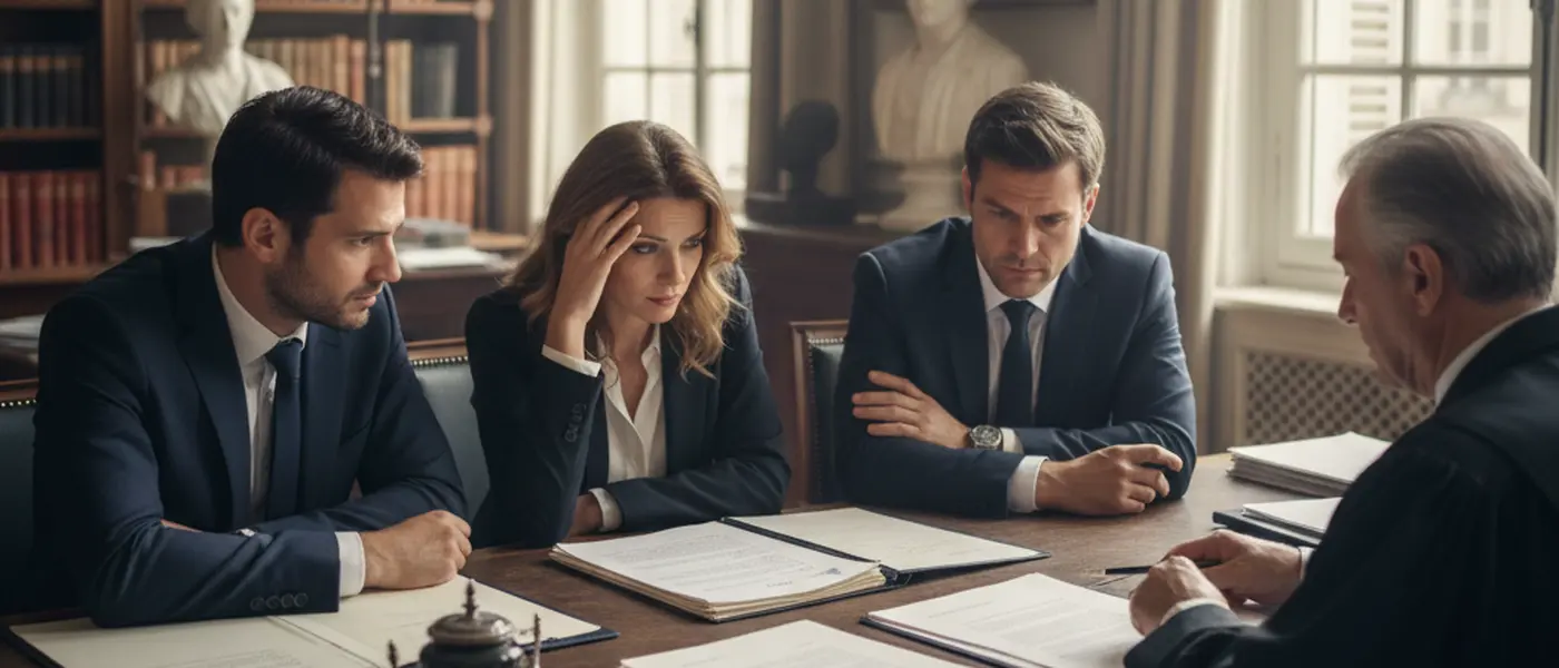 Trois héritiers discutant autour d'un bureau de notaire avec des documents successoraux en France