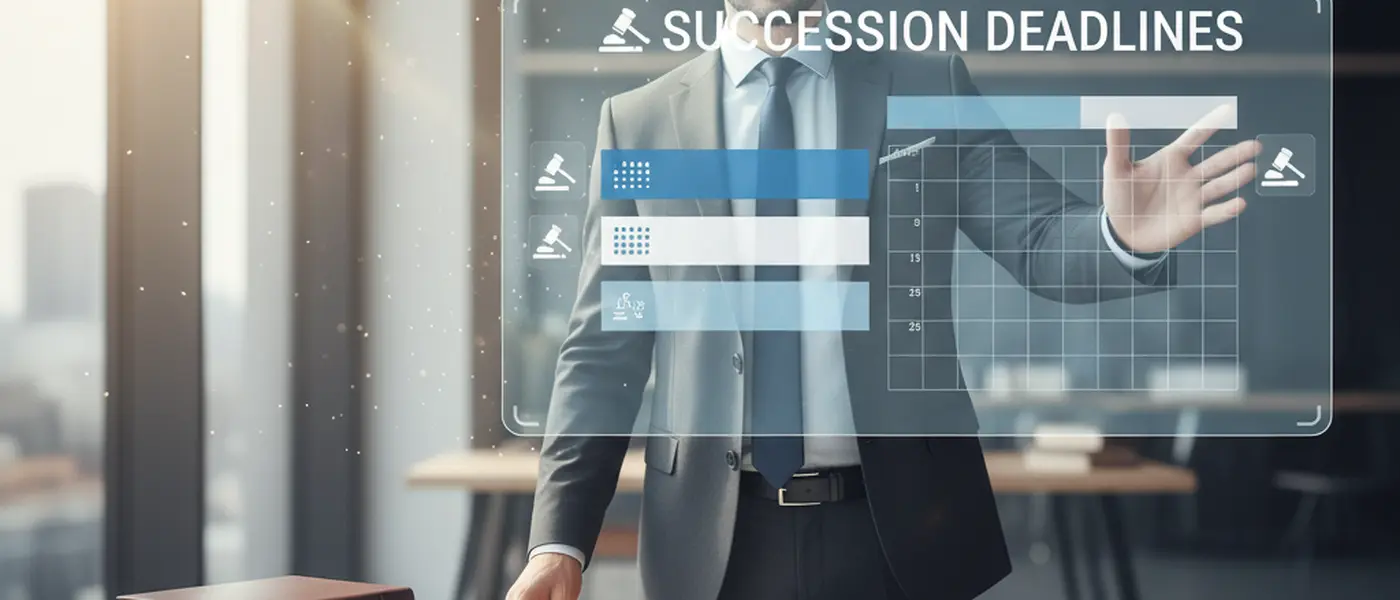 Avocat français présentant un calendrier de délais successoraux dans un cabinet moderne