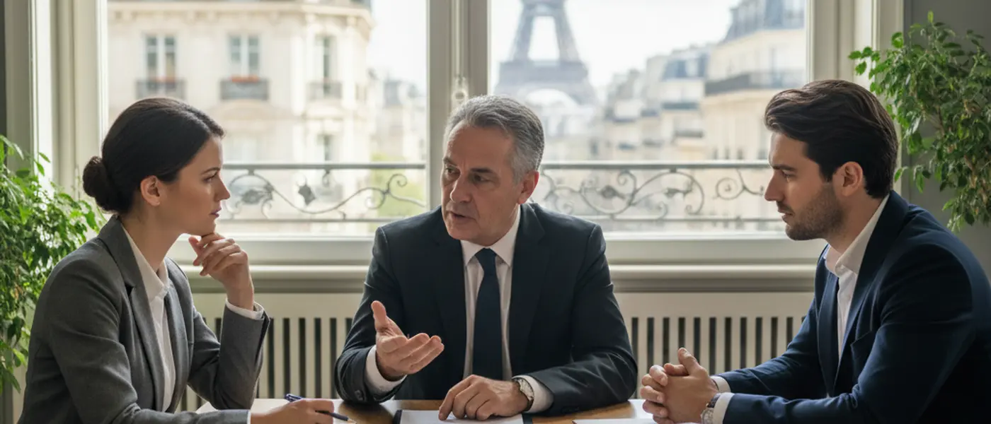 Femme consultant un avocat spécialisé en succession dans un cabinet parisien avec des codes juridiques