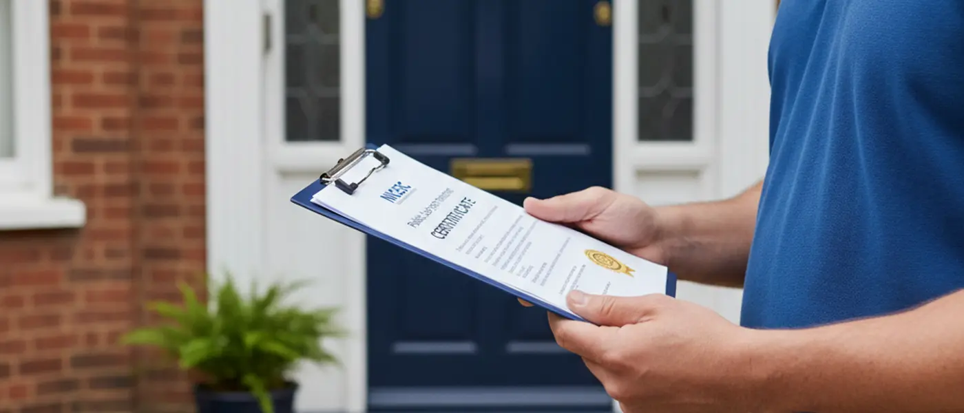 Tradesperson holding a clipboard with registration credentials and insurance certificate at a UK front door