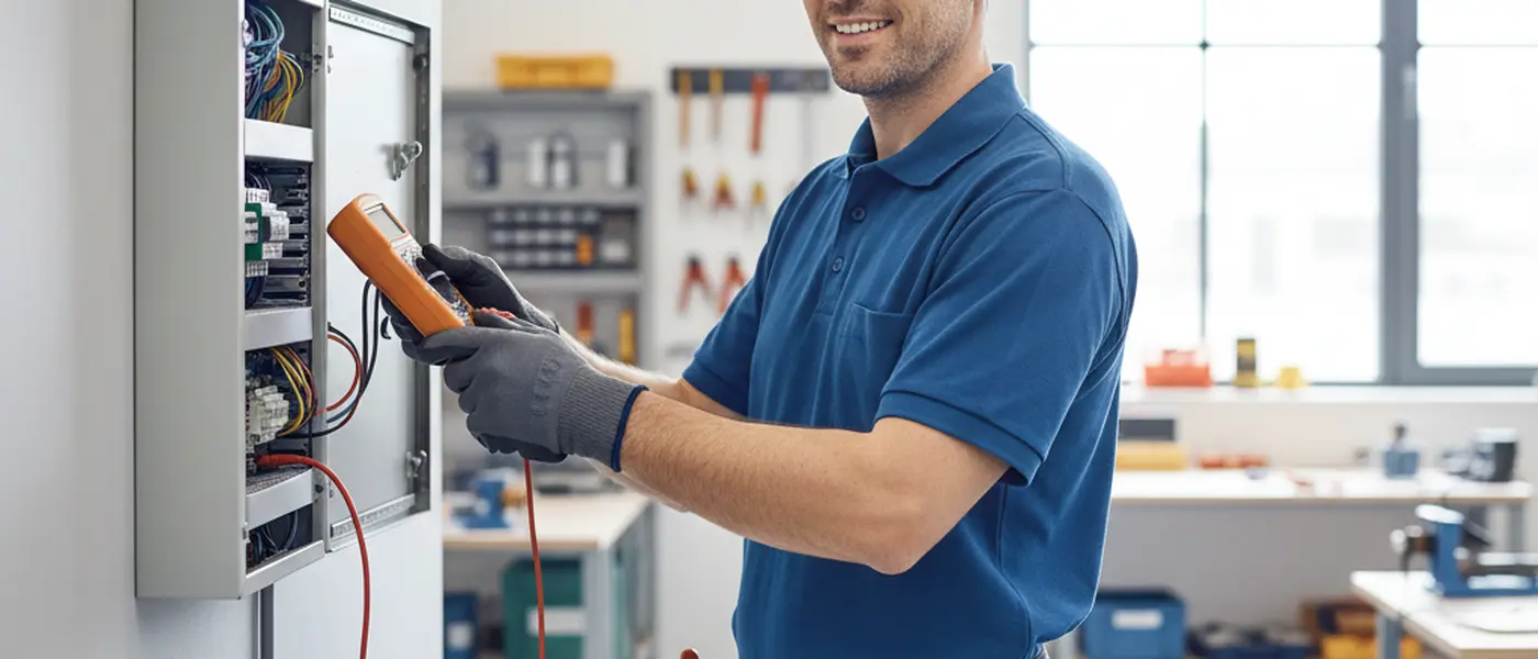 British electrician in blue overalls testing a consumer unit with a multimeter in a modern UK kitchen