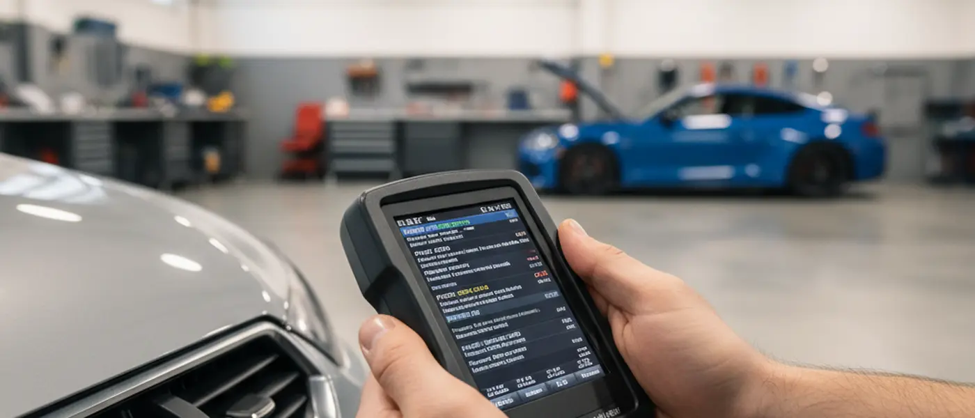 Automonteur gebruikt OBD-diagnoseapparatuur aangesloten op het dashboard van een auto in een werkplaats