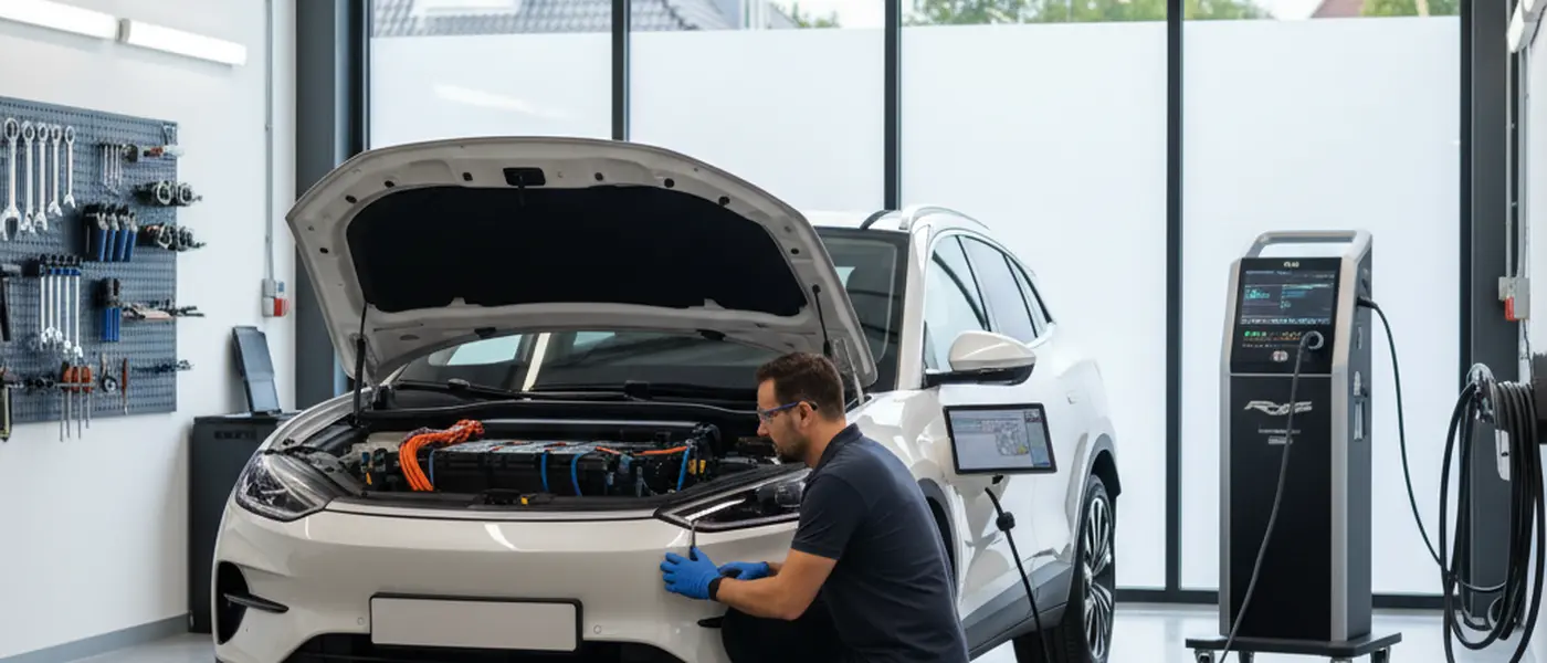 Monteur met veiligheidshandschoenen inspecteert het accupakket van een elektrisch voertuig in een Nederlandse garage