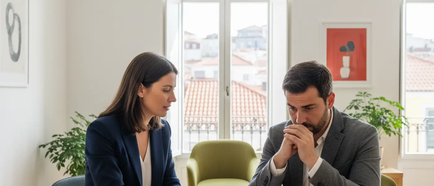 Cliente em consulta com advogado criminalista num escritório moderno em Portugal