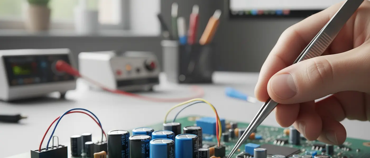 [Composants électroniques](/fr/magazine/electronique/composant-electronique) sur une carte de circuit imprimé verte, condensateurs et transistors visibles en gros plan