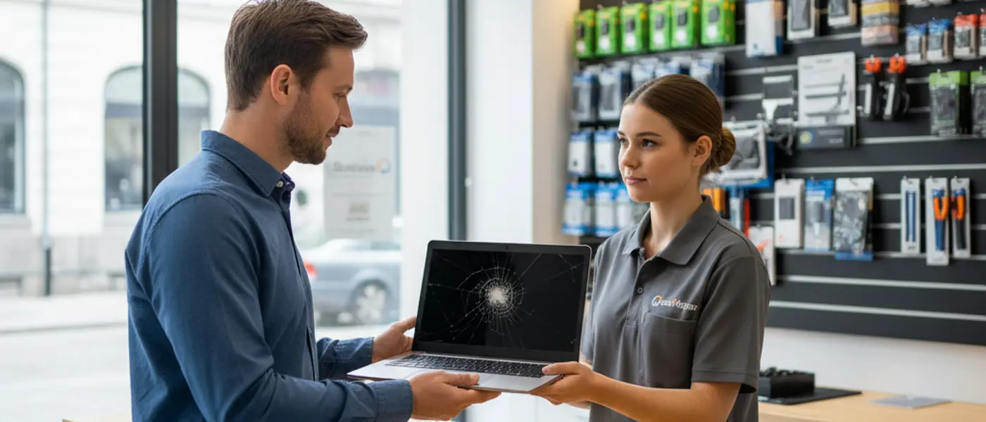 Client remettant un ordinateur portable à un technicien dans un atelier de réparation électronique labellisé