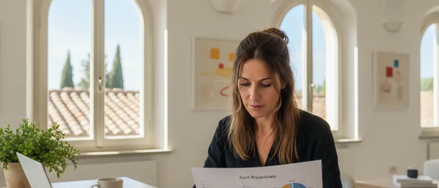 Donna che analizza un documento di pianificazione finanziaria con costi e allocazioni di investimento alla scrivania