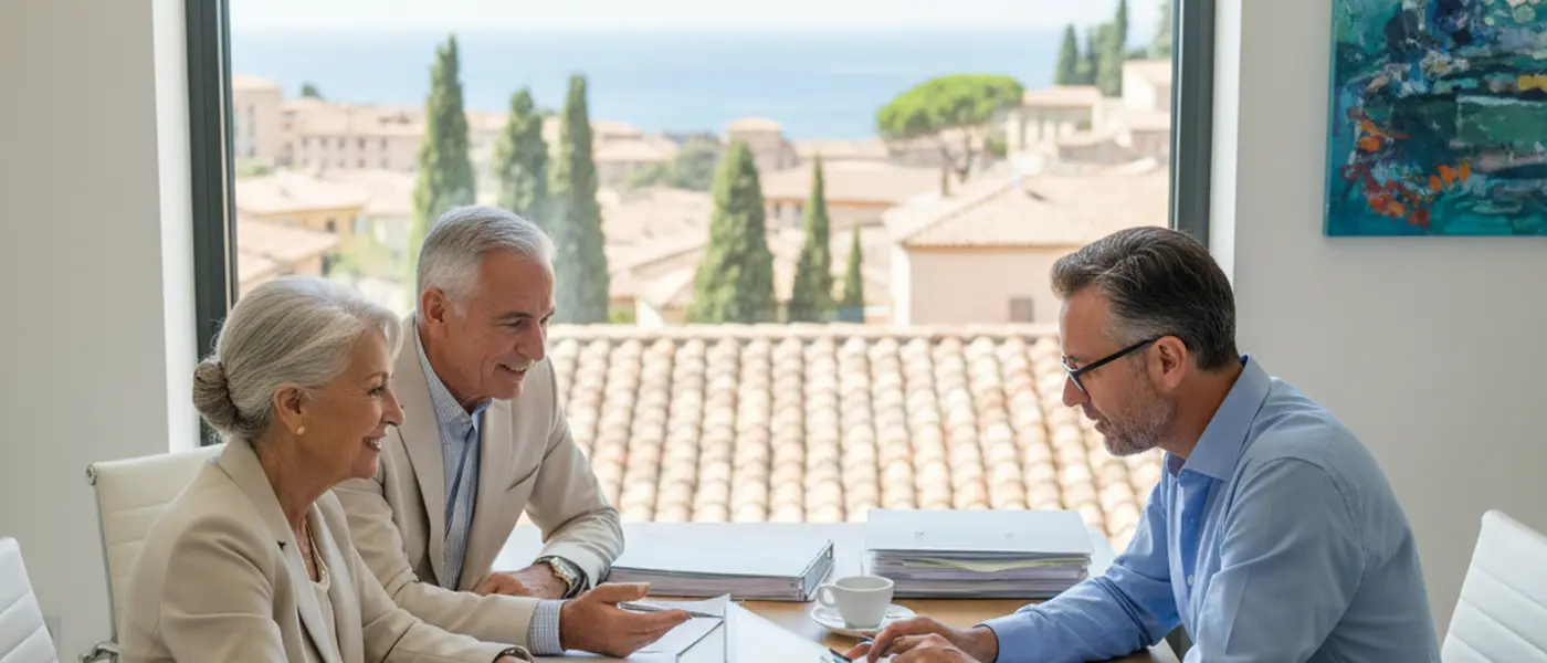 Coppia di anziani in consulenza con un advisor per la pianificazione pensionistica in uno studio luminoso