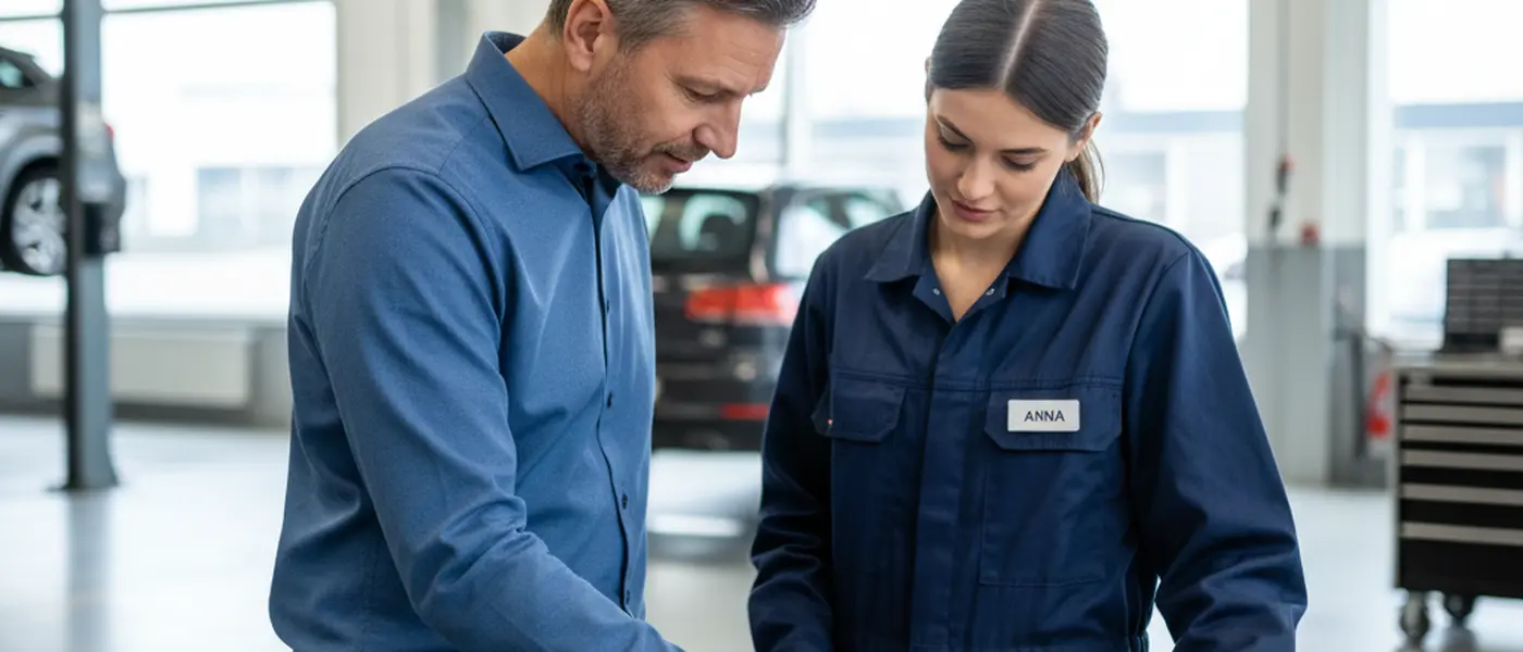 Kunde und Mechanikerin besprechen einen Kostenvoranschlag in einer aufgeräumten Autowerkstatt
