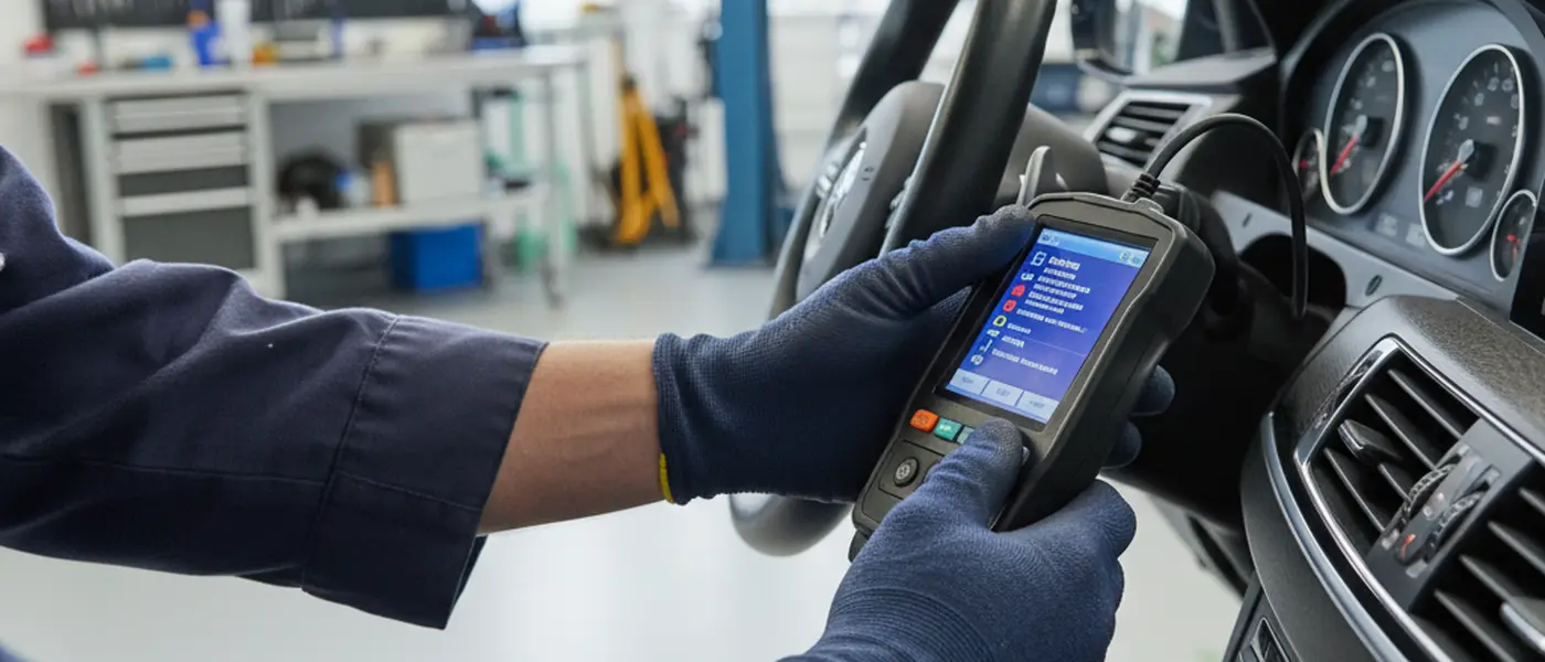 Mechaniker schließt OBD-Diagnosegerät an den Fahrzeug-Port an, digitale Fehlercodes auf dem Display