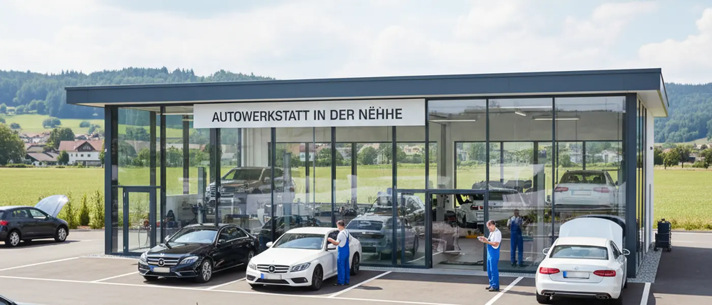 Kfz-Mechaniker inspiziert die Unterseite eines Fahrzeugs auf einer Hebebühne in einer modernen deutschen Autowerkstatt