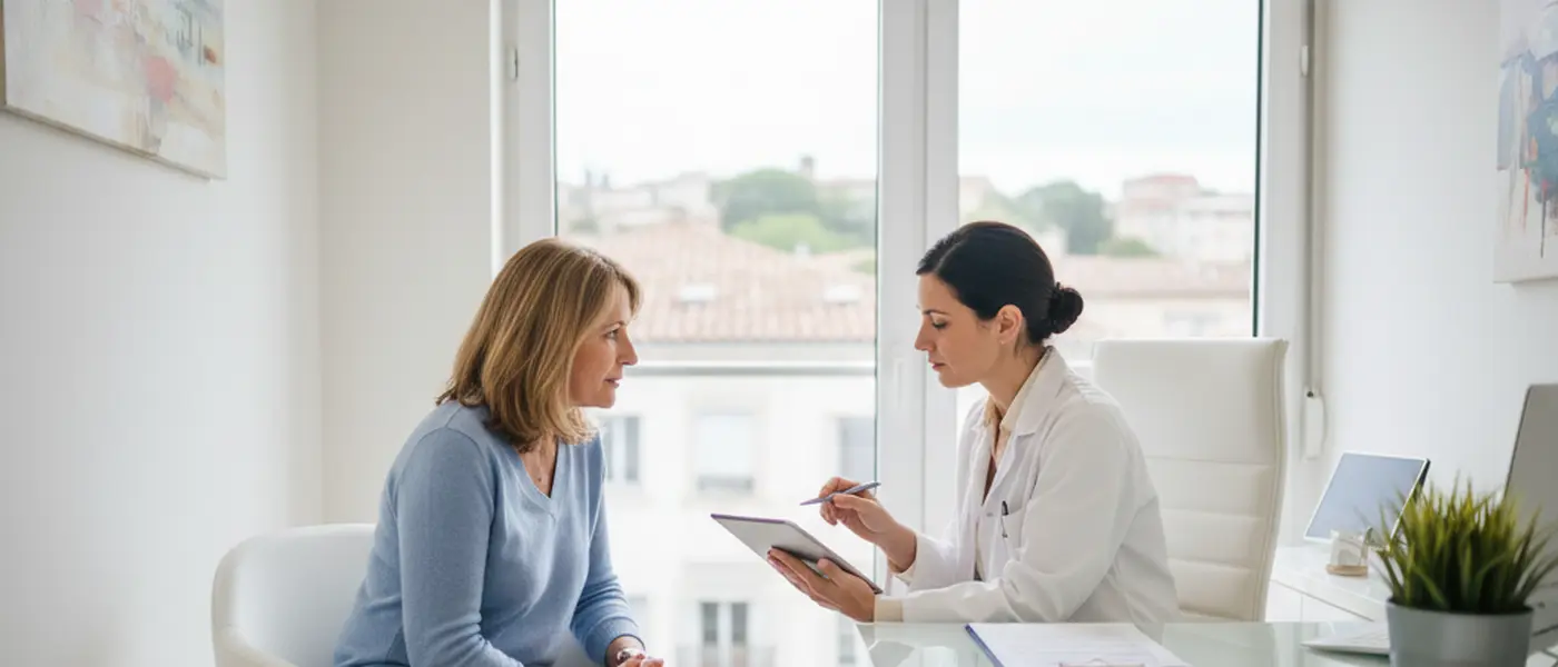 Femme en consultation oncologique avec son médecin pour un bilan de dépistage