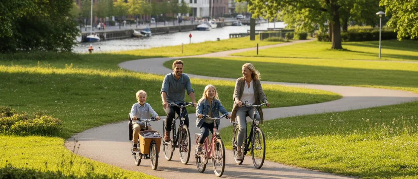 Dansk familie cykler sammen i en grøn park i København på en solskinsdag