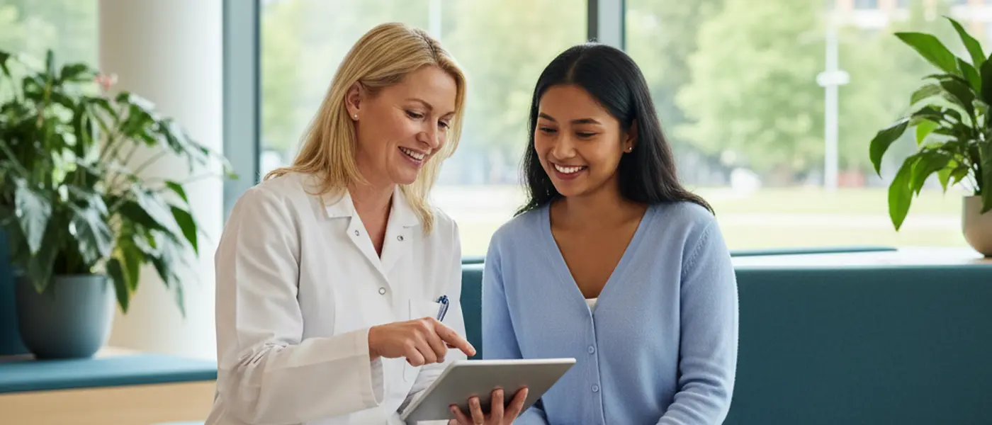 Dansk læge i hvid kittel konsulterer en patient i en moderne klinik