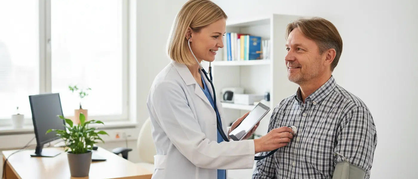 Suomalainen perhelääkäri suorittamassa terveystarkastusta potilaalle modernissa pohjoismaisessa vastaanottohuoneessa