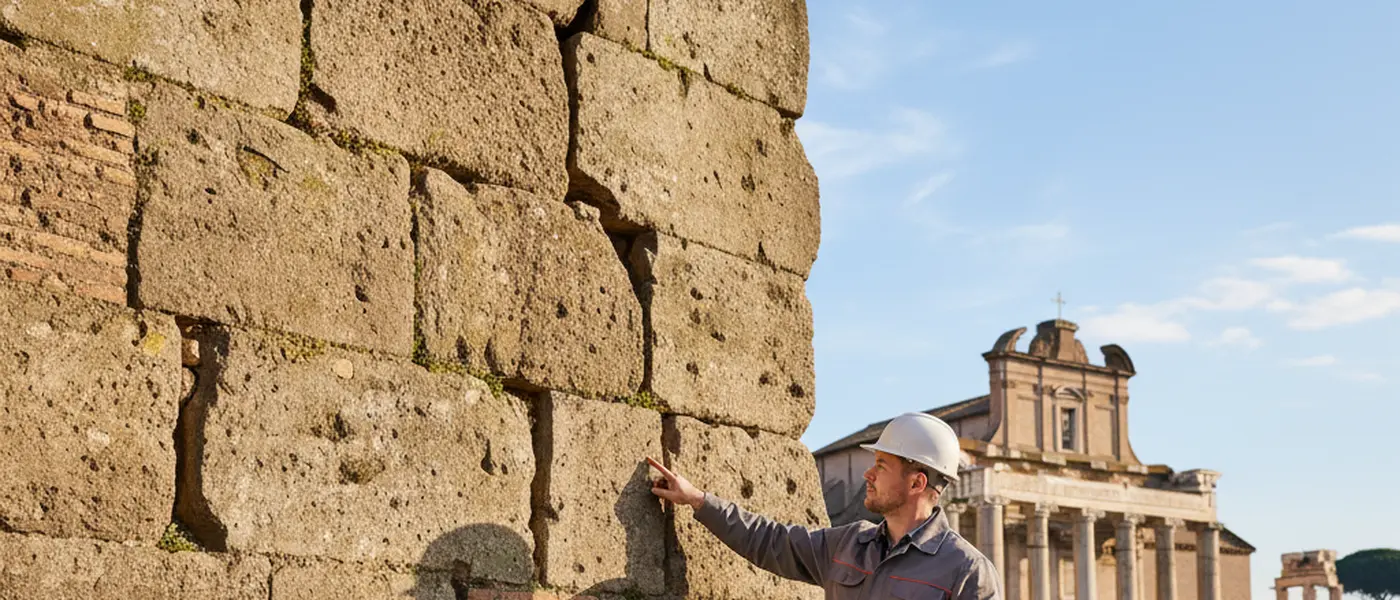 Ingegnere strutturale che ispeziona una vecchia struttura in muratura con crepe evidenti
