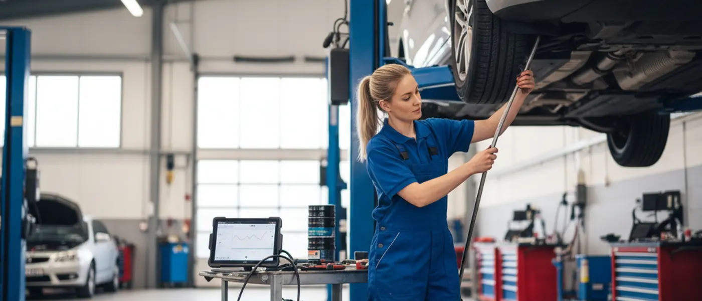 Mekaniker utför oljebyte under en upplyft bil i en välutrustad svensk bilverkstad