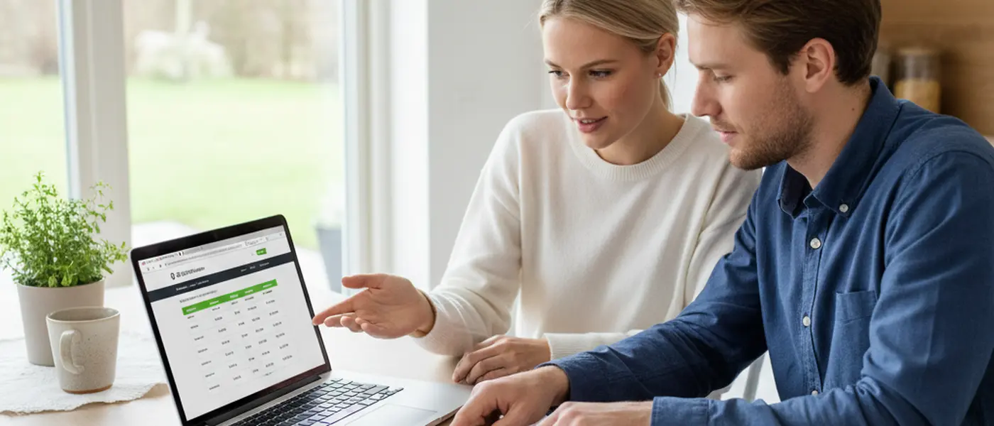 Par jämför bilservicepriser vid köksbordet med offerter och en bärbar dator