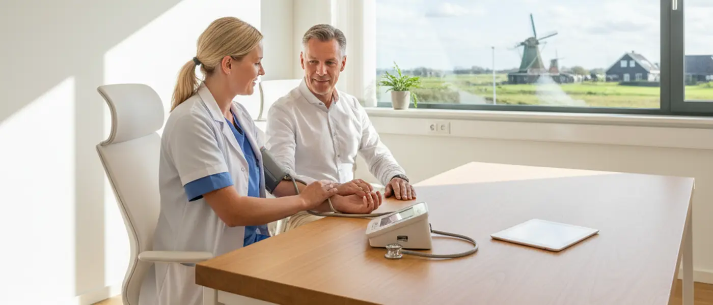 Verpleegkundige meet de bloeddruk van een patiënt in een Nederlandse huisartsenpraktijk