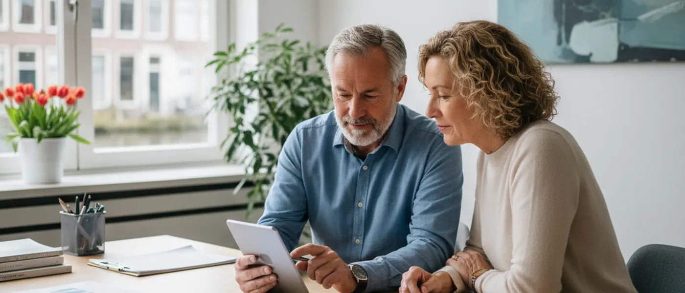 Stel van in de vijftig bespreekt gezondheidsresultaten met hun huisarts in een lichte praktijk