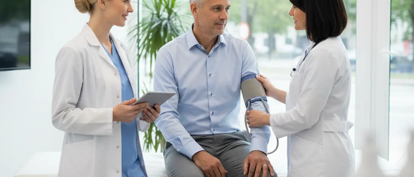 Vrouw in gesprek met een zorgprofessional in een moderne Nederlandse huisartsenpraktijk
