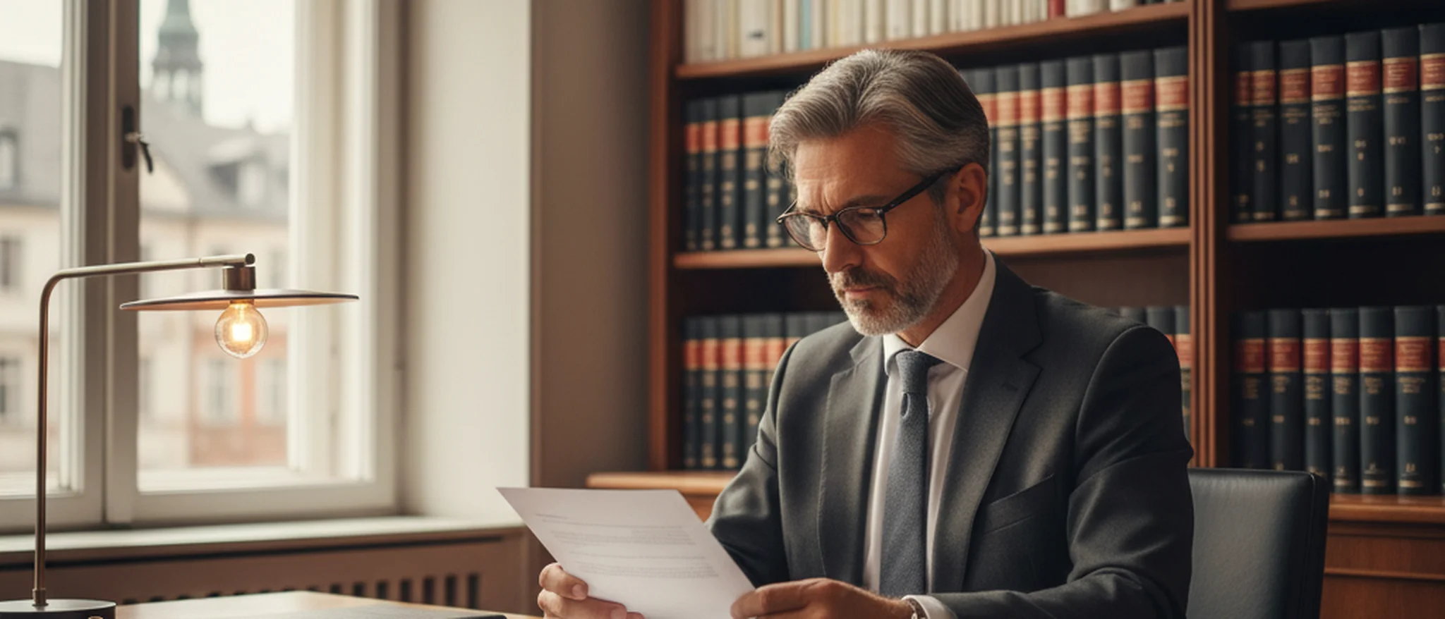 Fachanwalt für Arbeitsrecht prüft ein Kündigungsschreiben an seinem Schreibtisch mit Gesetzestexten im Hintergrund