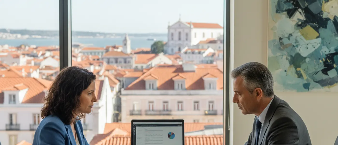 Advogada criminalista em reunião com cliente num escritório moderno em Lisboa