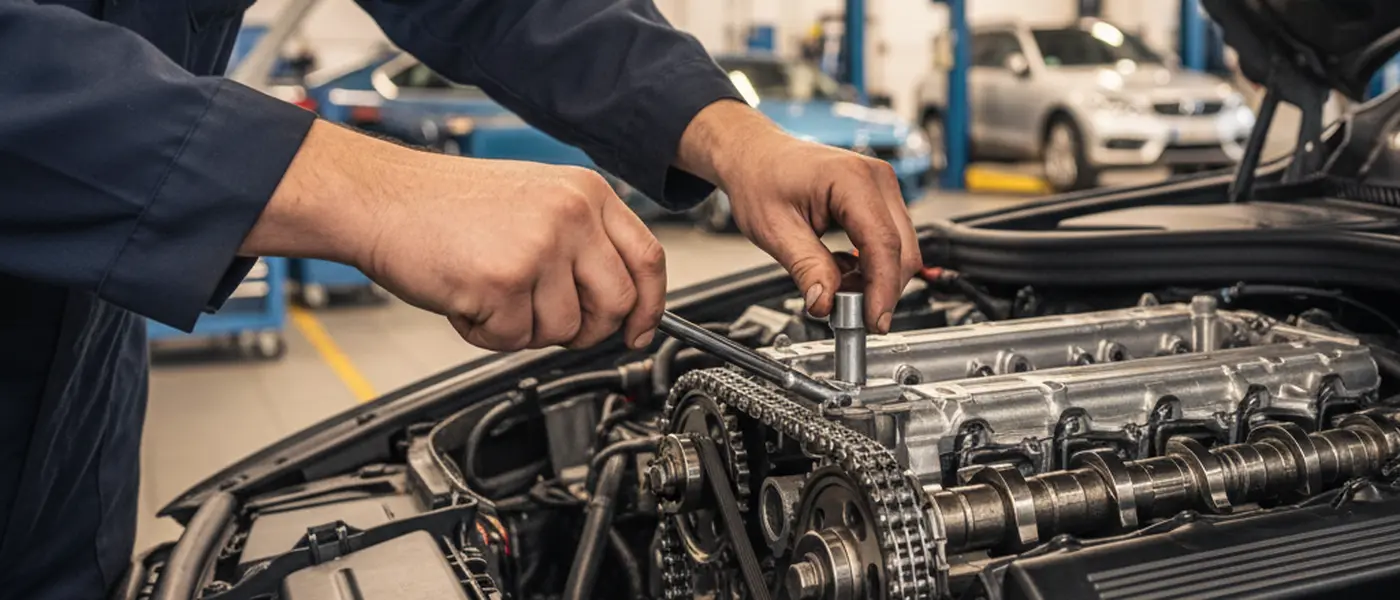Nærbilde av mekanikers hender som inspiserer tidskjede i BMW-motor på verksted