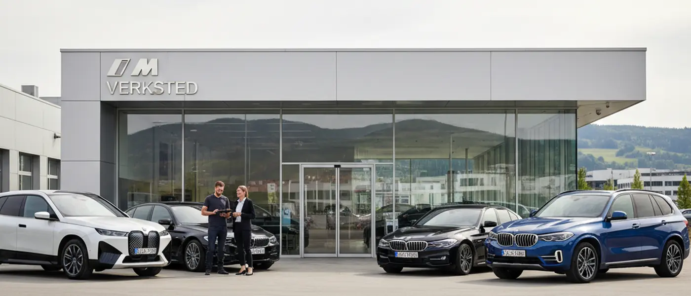 Profesjonelt BMW-verksted i Norge med mekaniker som arbeider på en BMW 3-serie på hydraulisk løfter