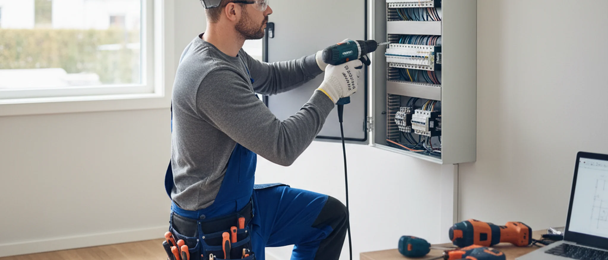 Elektriker installerar ett modernt elskåp i en svensk bostad med professionella verktyg